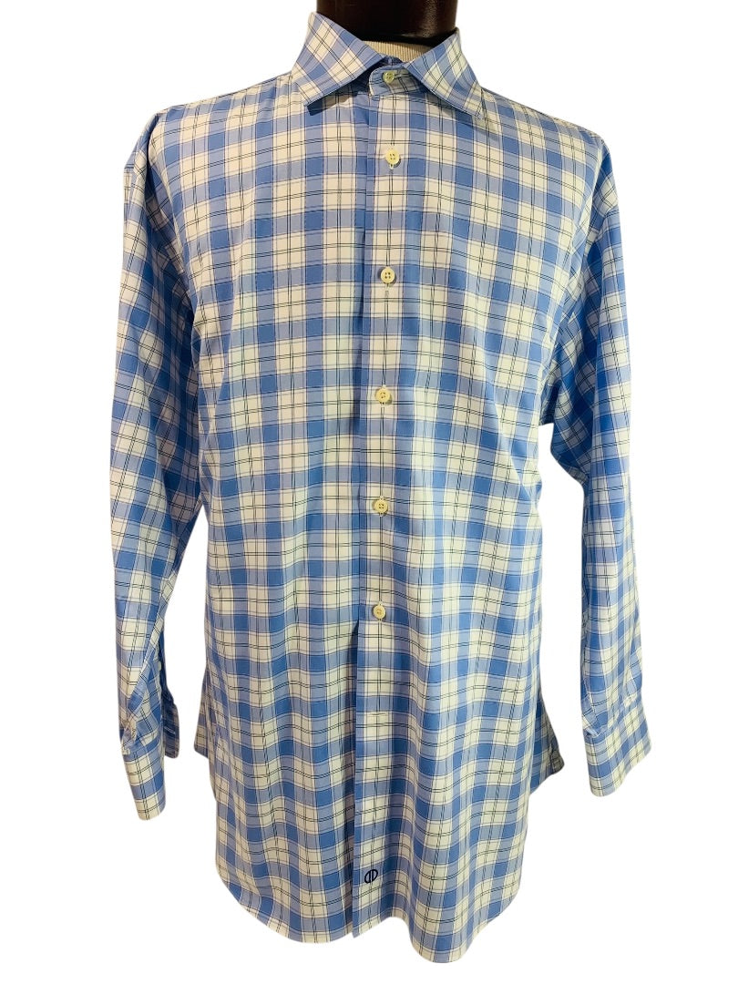 17.5 (32/33) David Donahue Mens Button Up Dress Shirt Plaid Blue