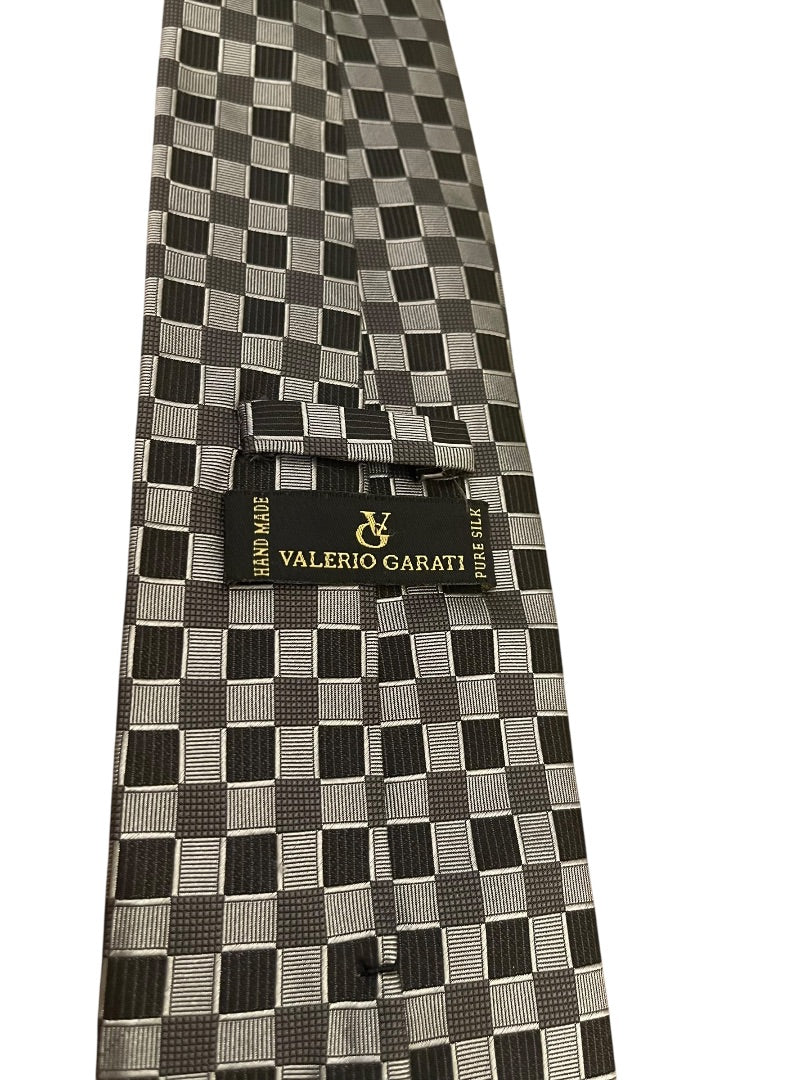 Valerio Garati Pure Silk Hand Made Square Pattern Tie Mens Necktie Black Gray