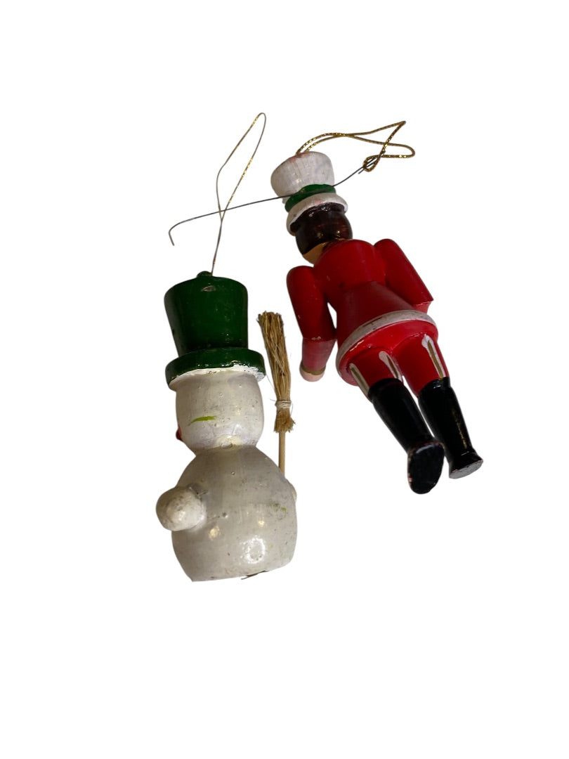 Vintage Wooden Christmas Holiday Ornaments Scary Snowman Soldier 4"