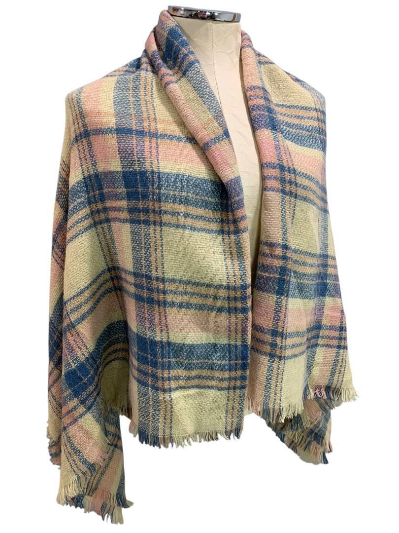 Soft Pastel Plaid Shawl Fringed 56" Square Wrap