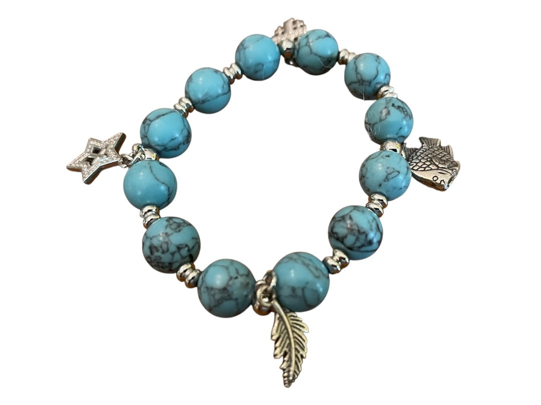 Beaded Stretch Silvertone Fish Feather Star Jerusalem Cross Bracelet Blue NWOT