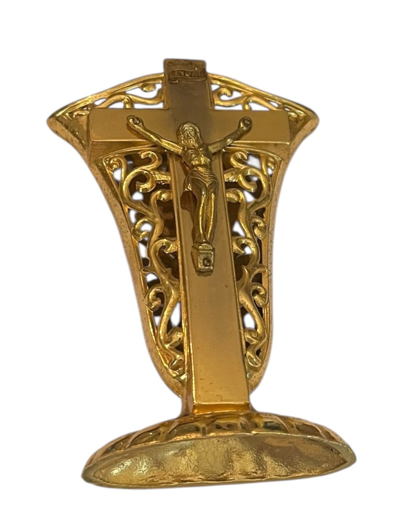 Goldtone Crucifix Vase Decor Scrolled Open 5.5"h