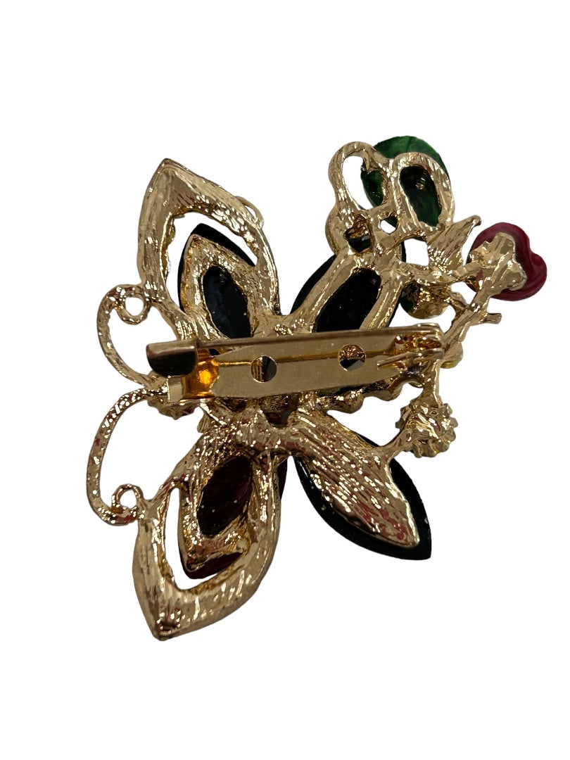Ornate Multicolor Goldtone Crystal Embellished Butterfly Brooch Pin 1.5"
