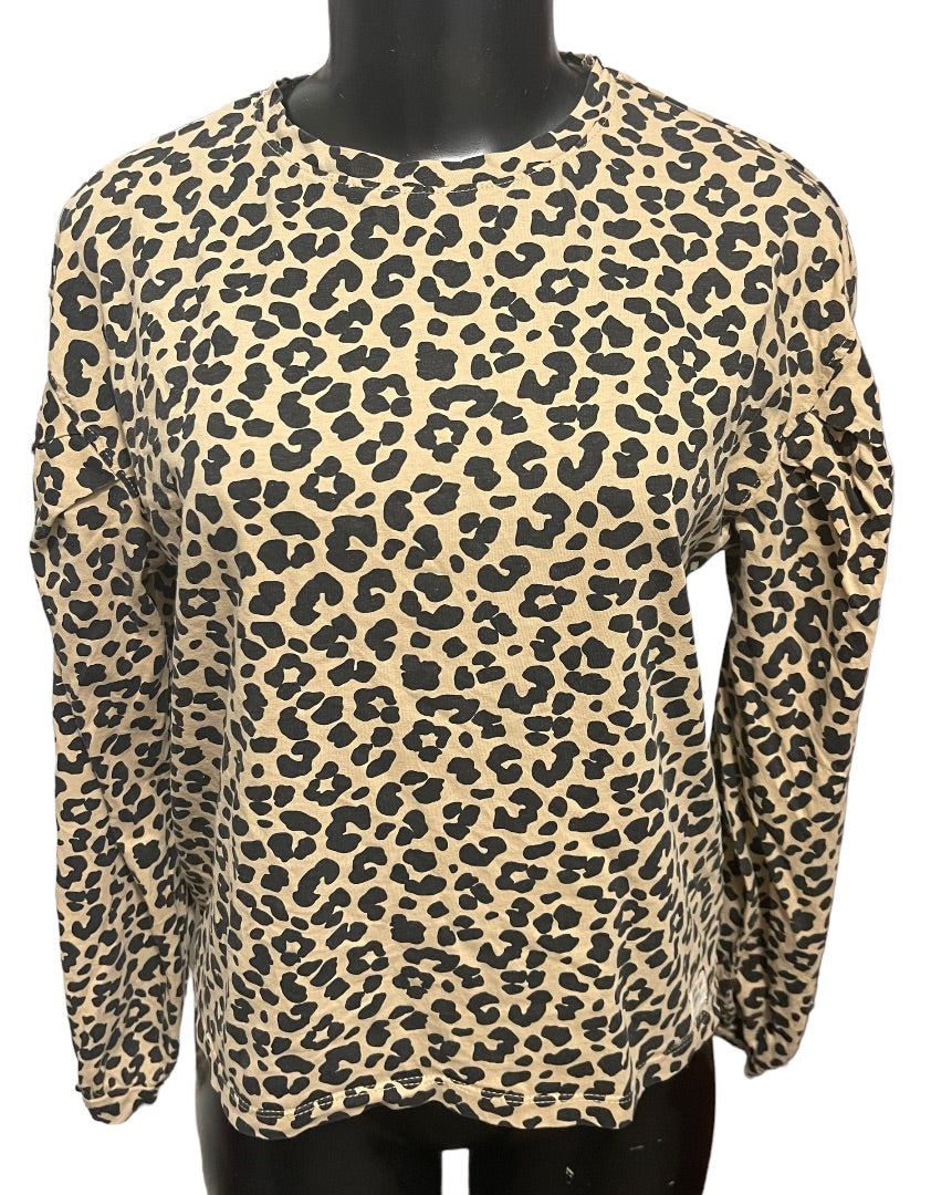 13-14 Zara Girls Crew Neck Long Sleeve Animal Print Cotton Girls Shirt Brown