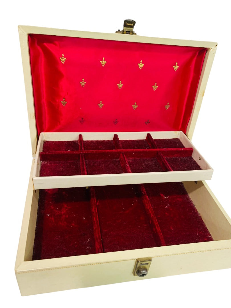 1950s Cream Beige Jewelry Box Red Lining Pop Up Tray Retro