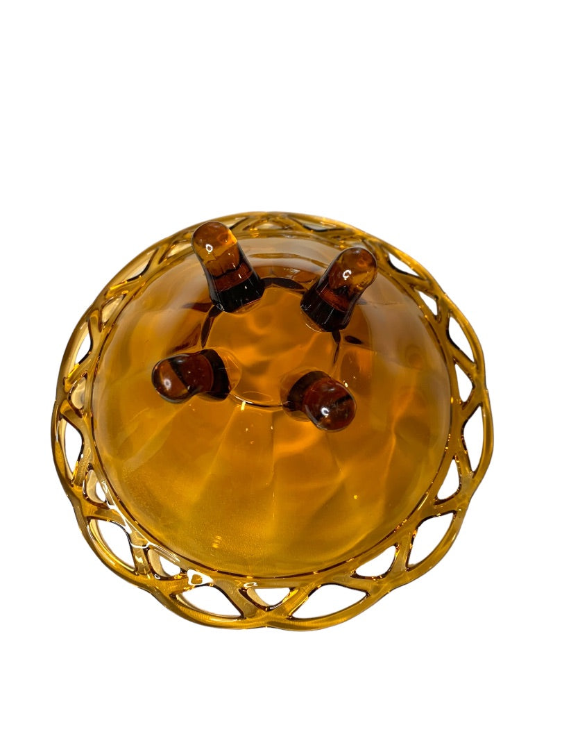 Pitman Dreitzer Lancaster Colony 1960s Amber Three Footed Glass Bowl 7.5"