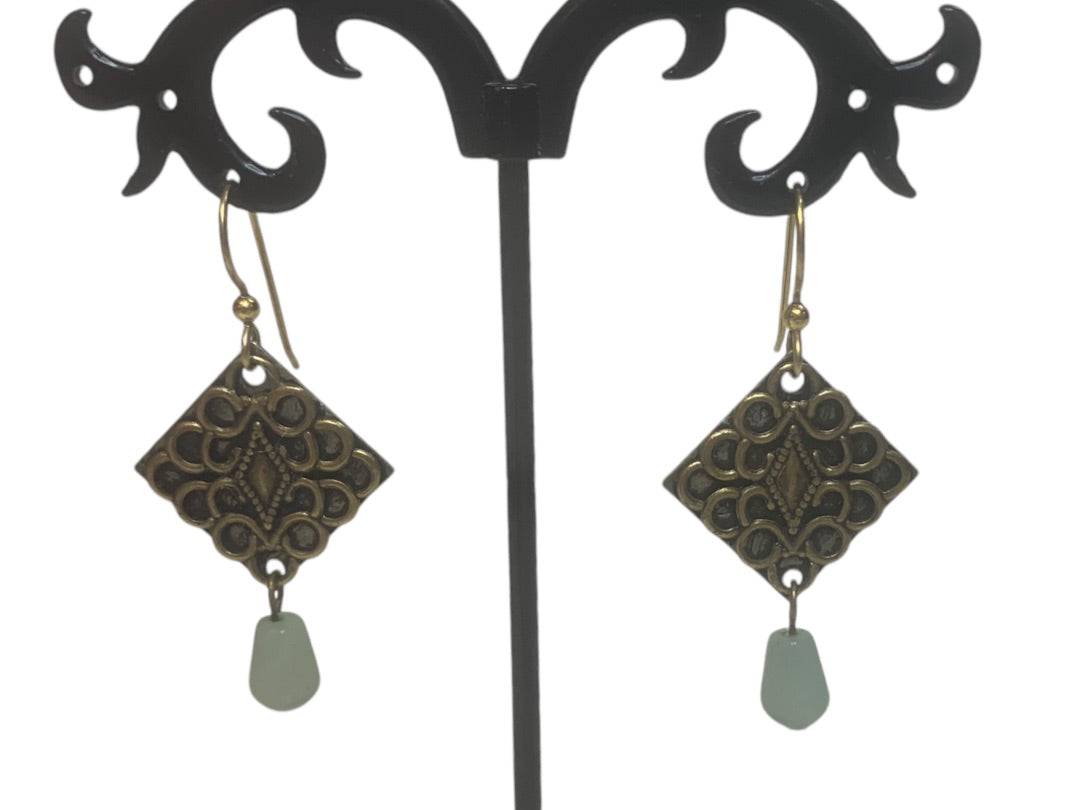 Vintage Antiqued Goldtone Hook Pierced Earrings Green Glass 2.7" Drop Dangle