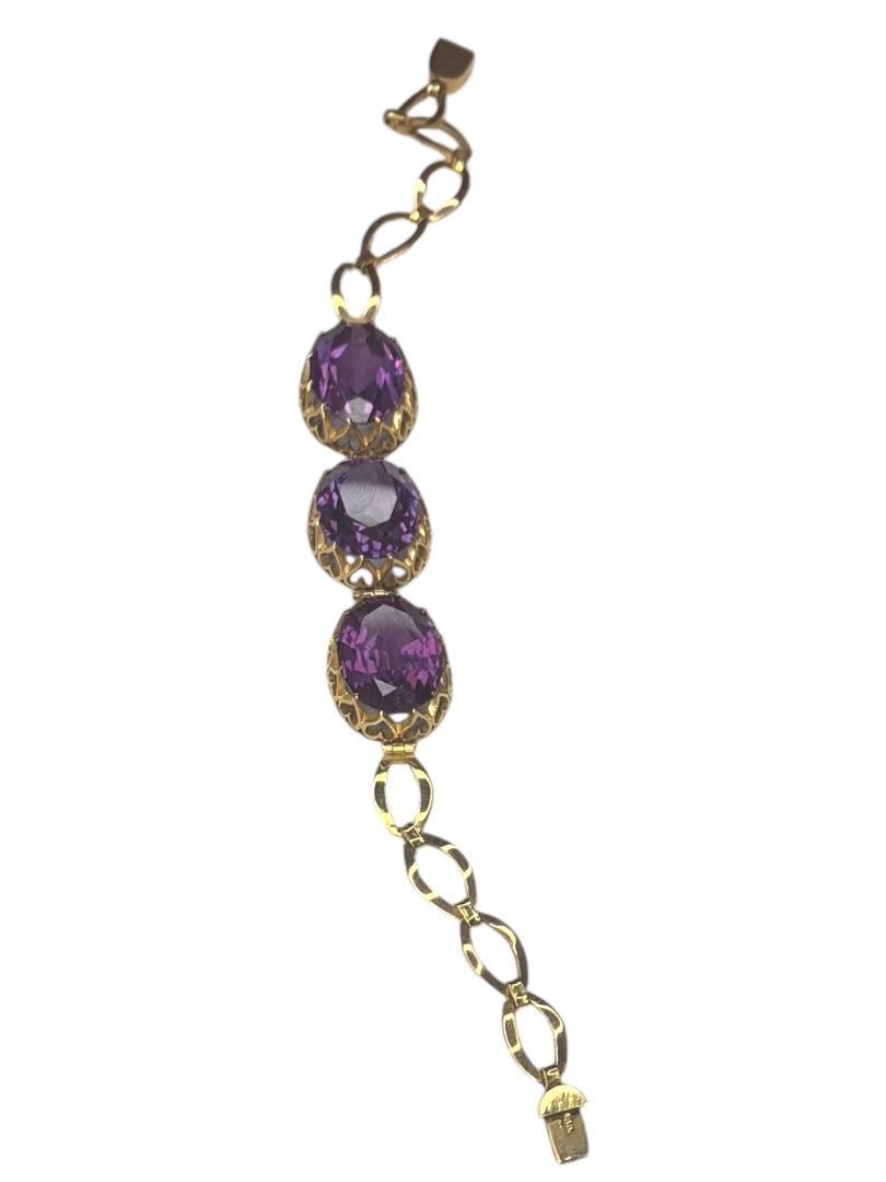 14k Yellow Gold Synthetic Amethyst Bracelet Vintage Jewelry Heart Filigree Setting 7.5"