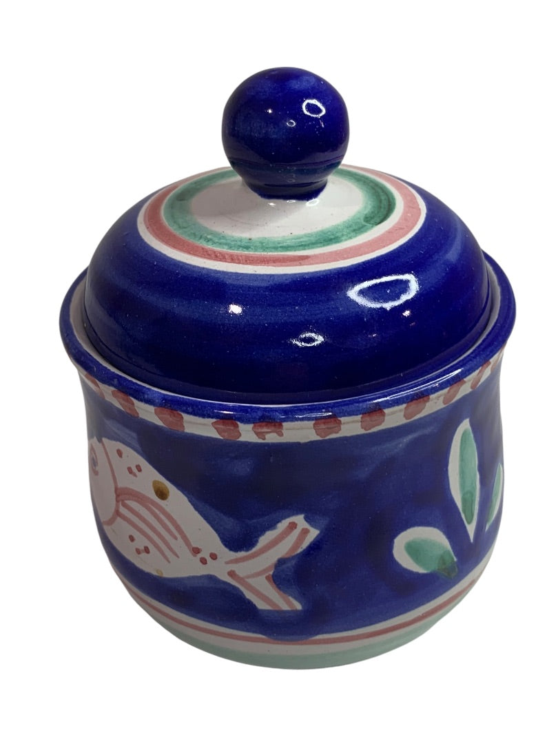 La Musa Vintage Italy Ceramic Fish Blue Lidded Sugar Jar 5 Inch