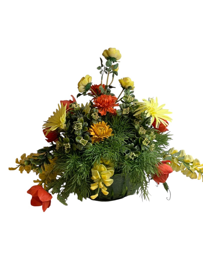 1960s Plastic Flower Centerpiece Arrangement Green Glass Bowl Kitschy