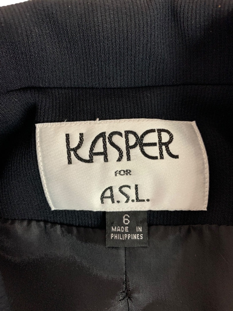 Size 6 Kasper for ASL Womens Suit Jacket Black Silvertone Buttons Blazer