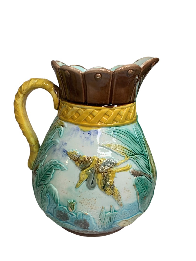 Antique Majolica Pitcher Heron 8 Inch Vibrant Color 1880s Marked