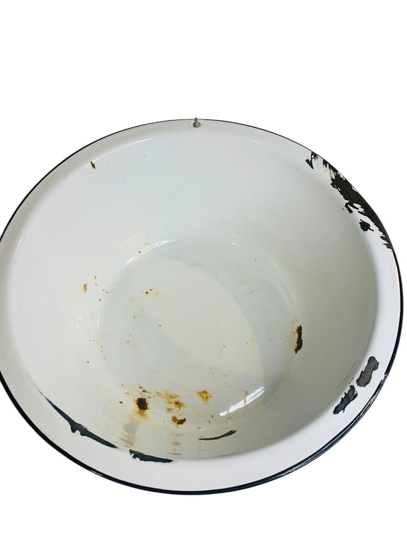 Vintage 14 Inch Round Enamelware Black White Tub