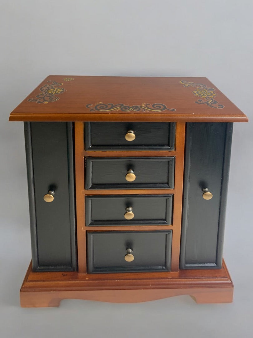 Tabletop Jewelry Armoire Brown Black Refinished 11"h x 9.5"l