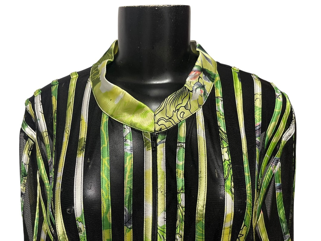 24W JS Collection Woman Striped Floral Sheer Longsleeve Zipper Shirt