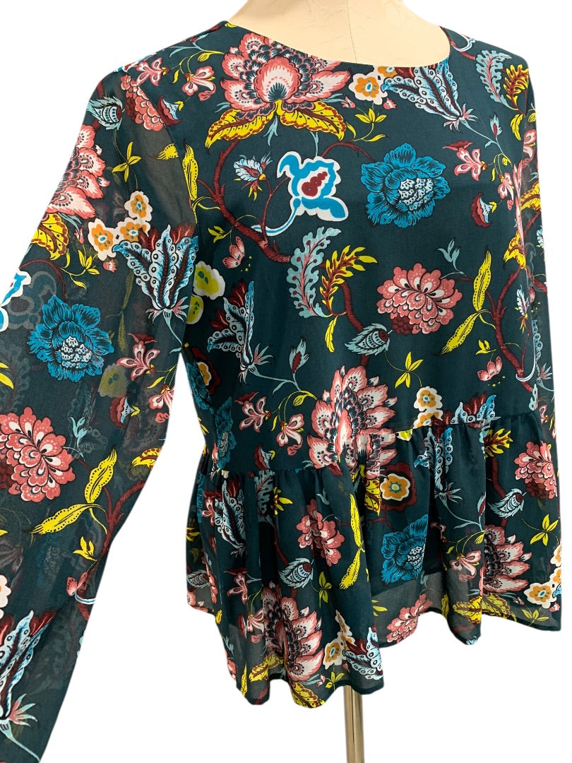 Medium LOFT Sheer Floral Print Blouse Flounce Hem Shirt