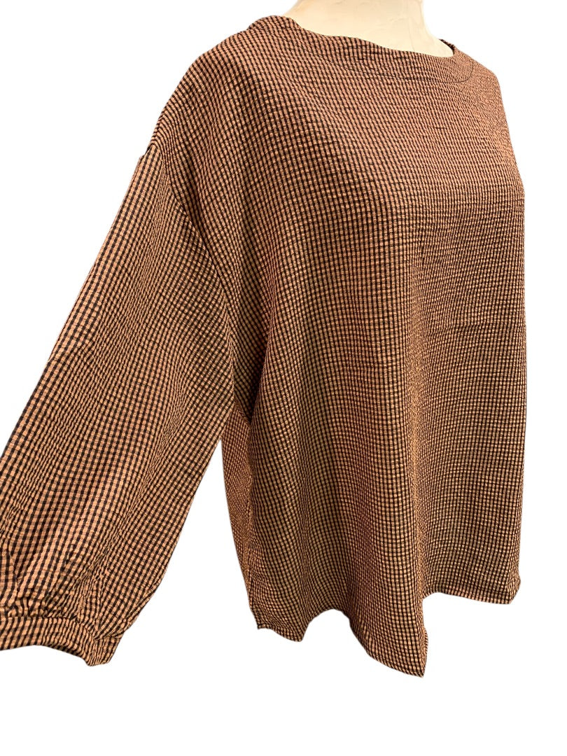 XL Shein Womens Pullover Blouse Shirt Brown Black Check