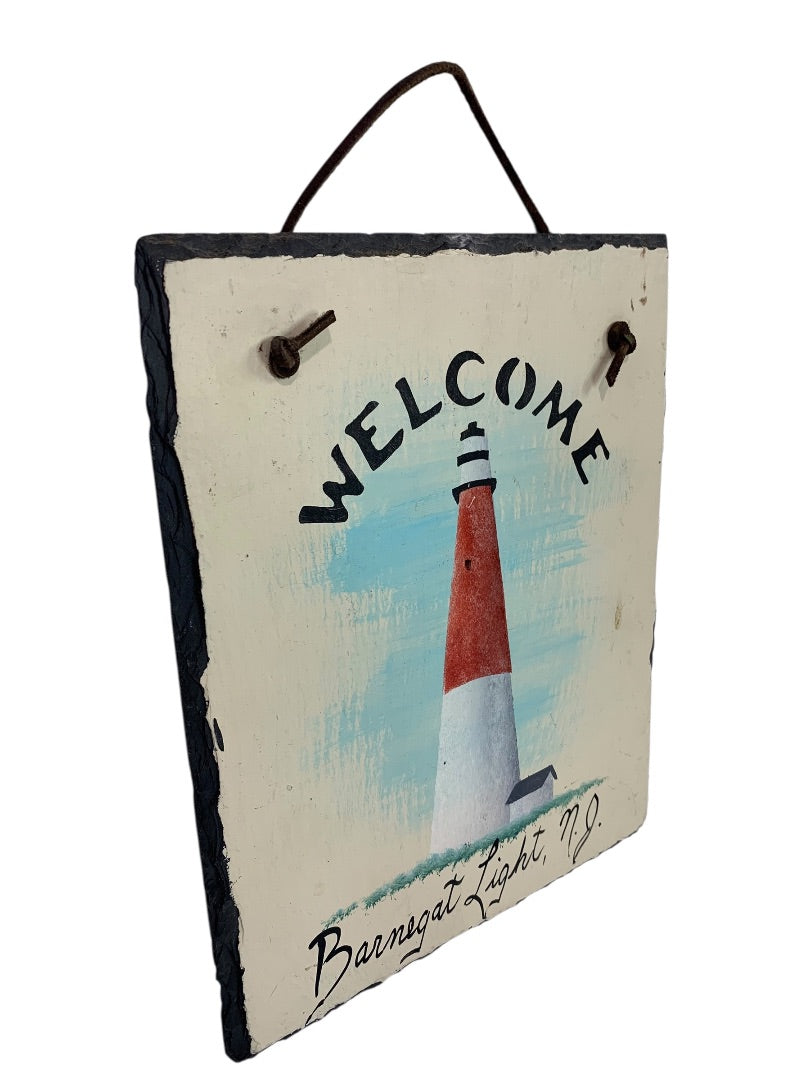 Painted Slate Wall Hanging "Welcome Barnegat Light, NJ" Lighthouse 10" x 8"