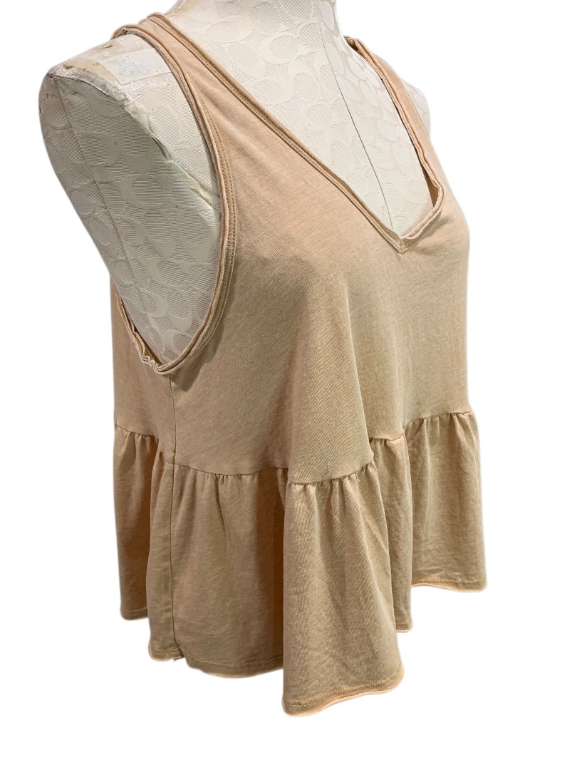 Small American Eagle Womens Tan Tank Top Flounce Hem V-Neck
