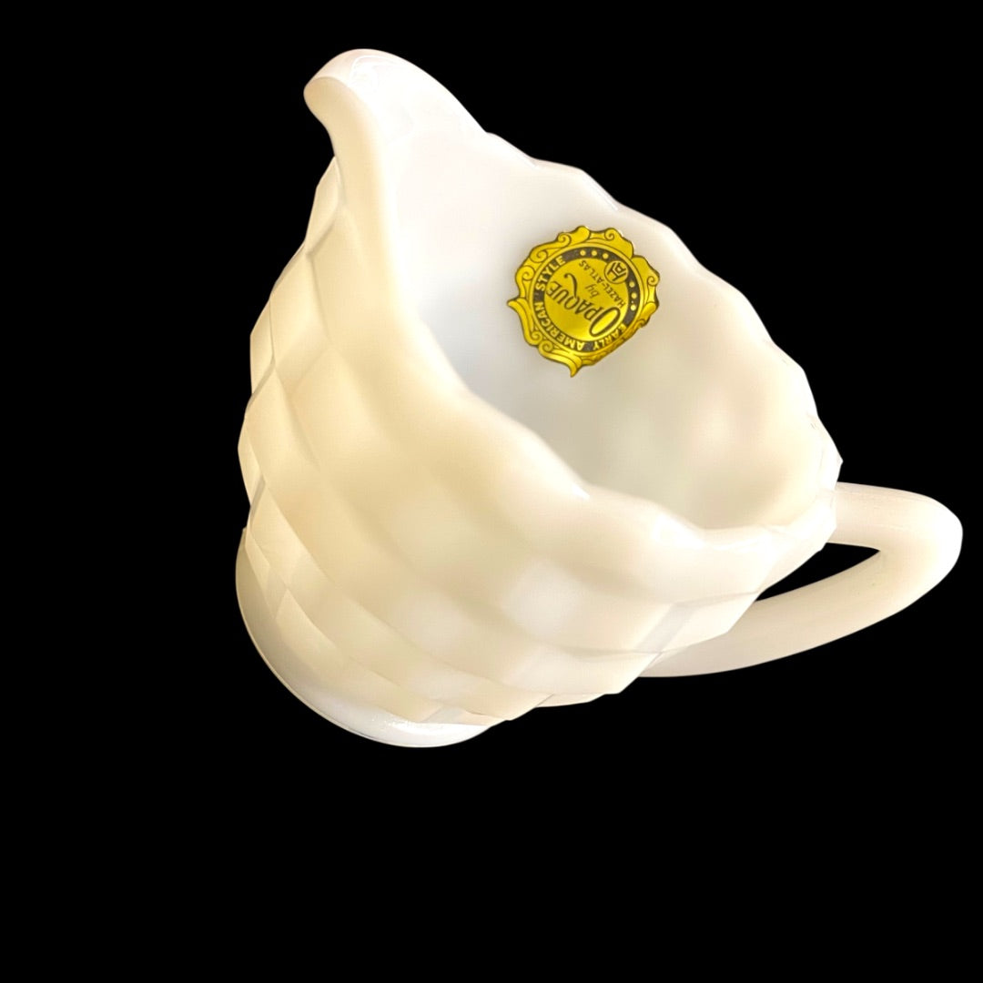 Hazel-Atlas Opaque Milk Glass Creamer with Sticker Starburst Geometric Design
