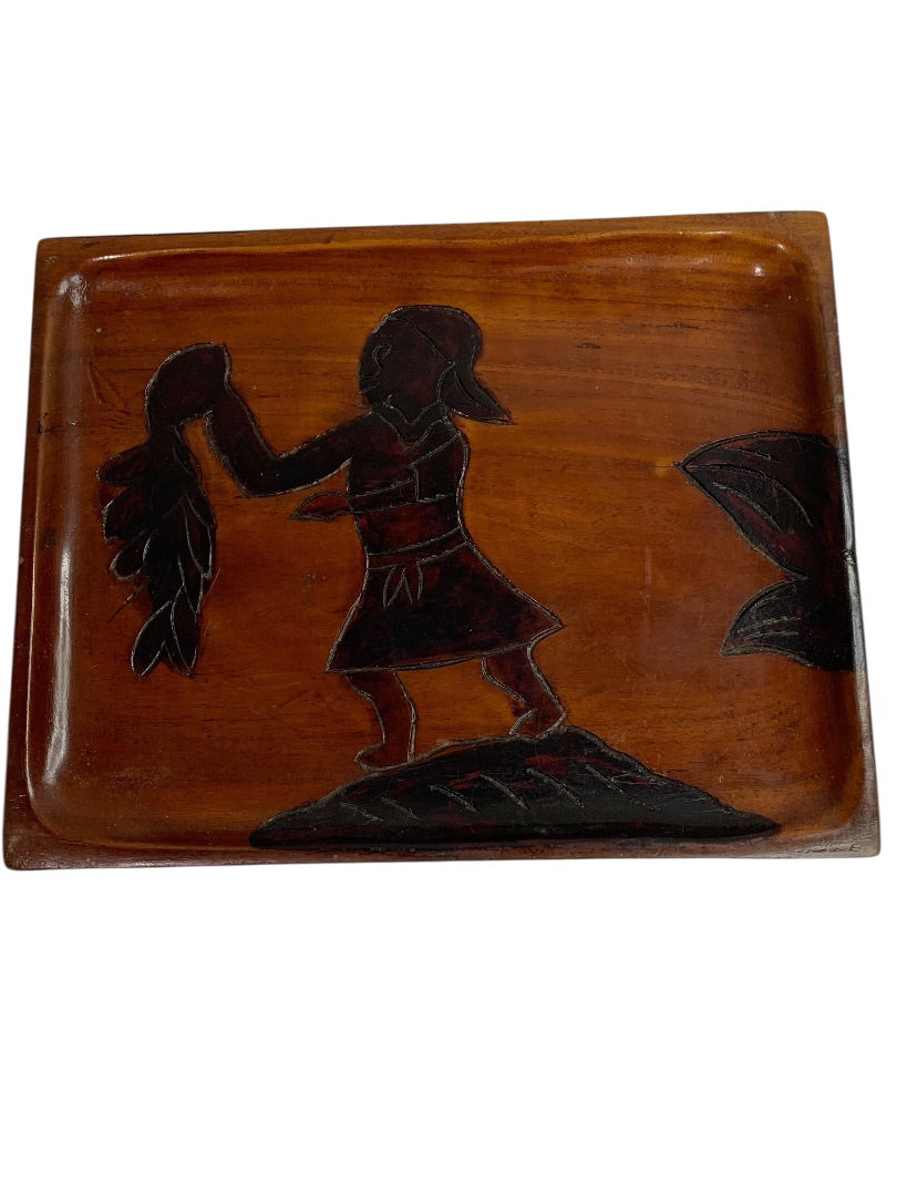 Vintage Wooden Tray Carved Silhouette Design 10" x 7.75"