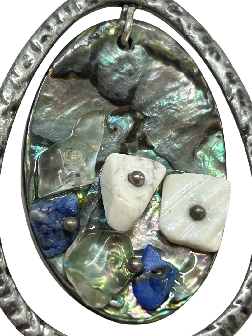 Reversible Pendant Mother of Pearl Silvertone Hammered 1.5"