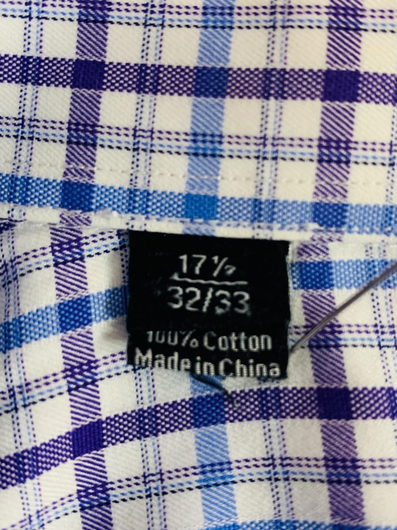 17.5 (32/33) David Donahue Mens Button Up Dress Shirt Plaid Purple