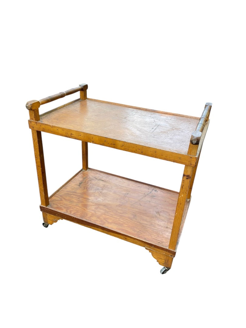 Oak Rolling Wooden Bar Cart Vintage 2 Shelves Garden Kitchen