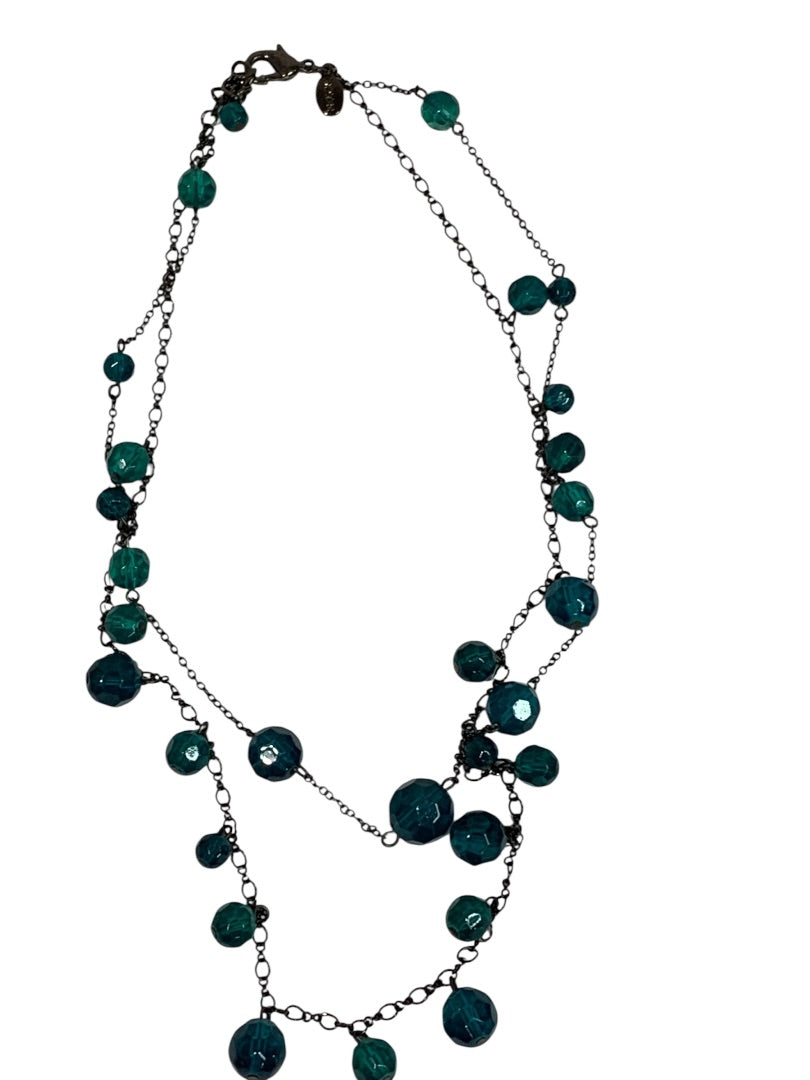 Express Pewter Color Teal Beaded Double Strand Necklace 18 Inch