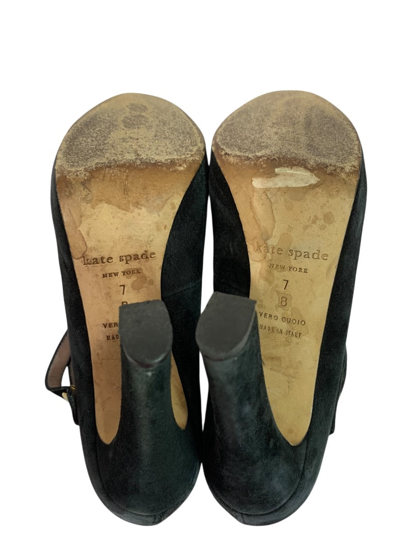 Size 7 Kate Spade Nara Double Strap 4.5" Heel Shoes Black Suede