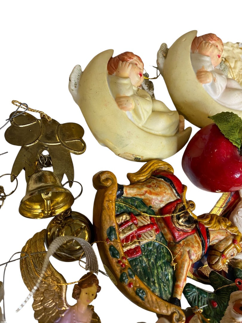 Lot of 25 Assorted Hanging Holiday Ornaments Bells Apple Drum Angel