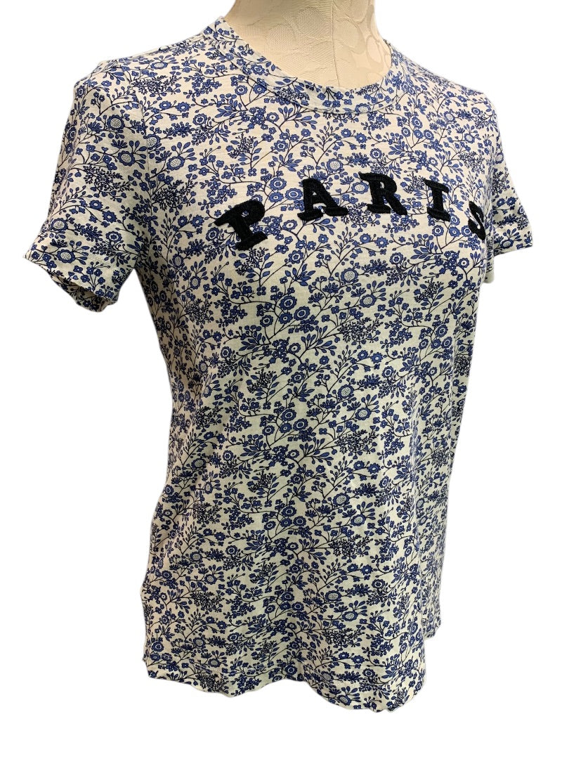 XS Loft Womens Tshirt Floral Embroidered Paris Blue