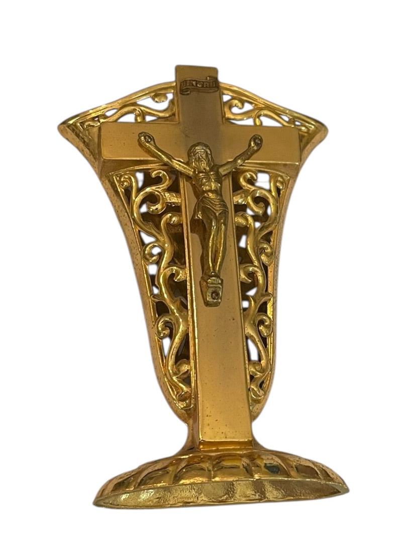 Goldtone Crucifix Vase Decor Scrolled Open 5.5"h