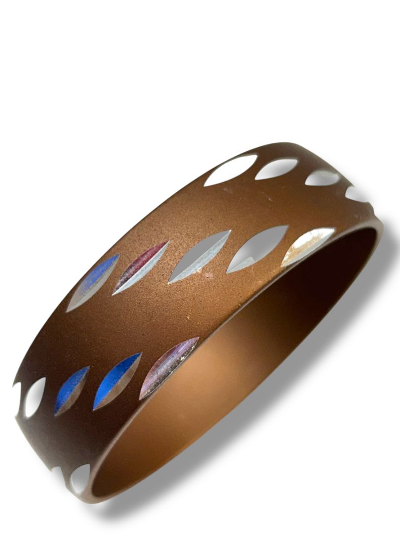 Brown Metallic Bangle Bracelet Silvertone Design 2.5" Diameter .75" Thick