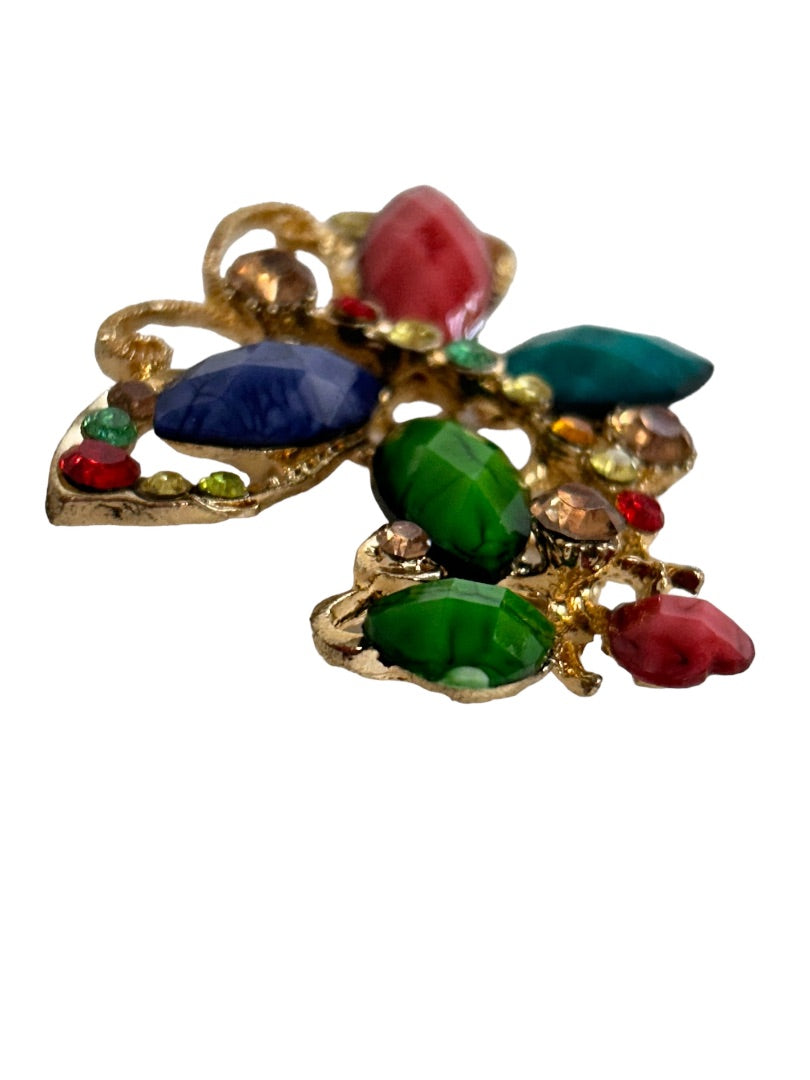 Ornate Multicolor Goldtone Crystal Embellished Butterfly Brooch Pin 1.5"