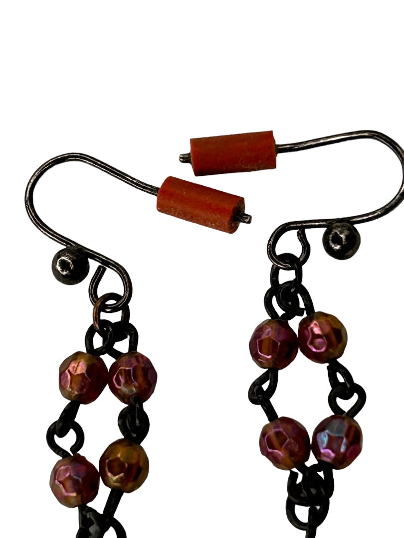 Purple Black 1.25" Beaded Earrings Hook Pierced 1.25" Drop Dangle