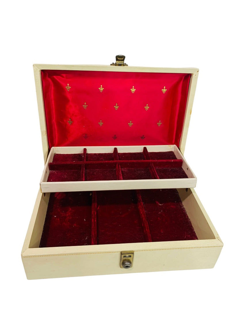 1950s Cream Beige Jewelry Box Red Lining Pop Up Tray Retro