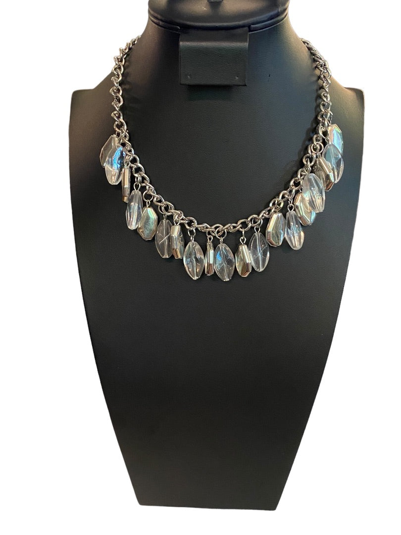 Silvertone 17" Statement Necklace Clear Charm Beads Lobster Clasp