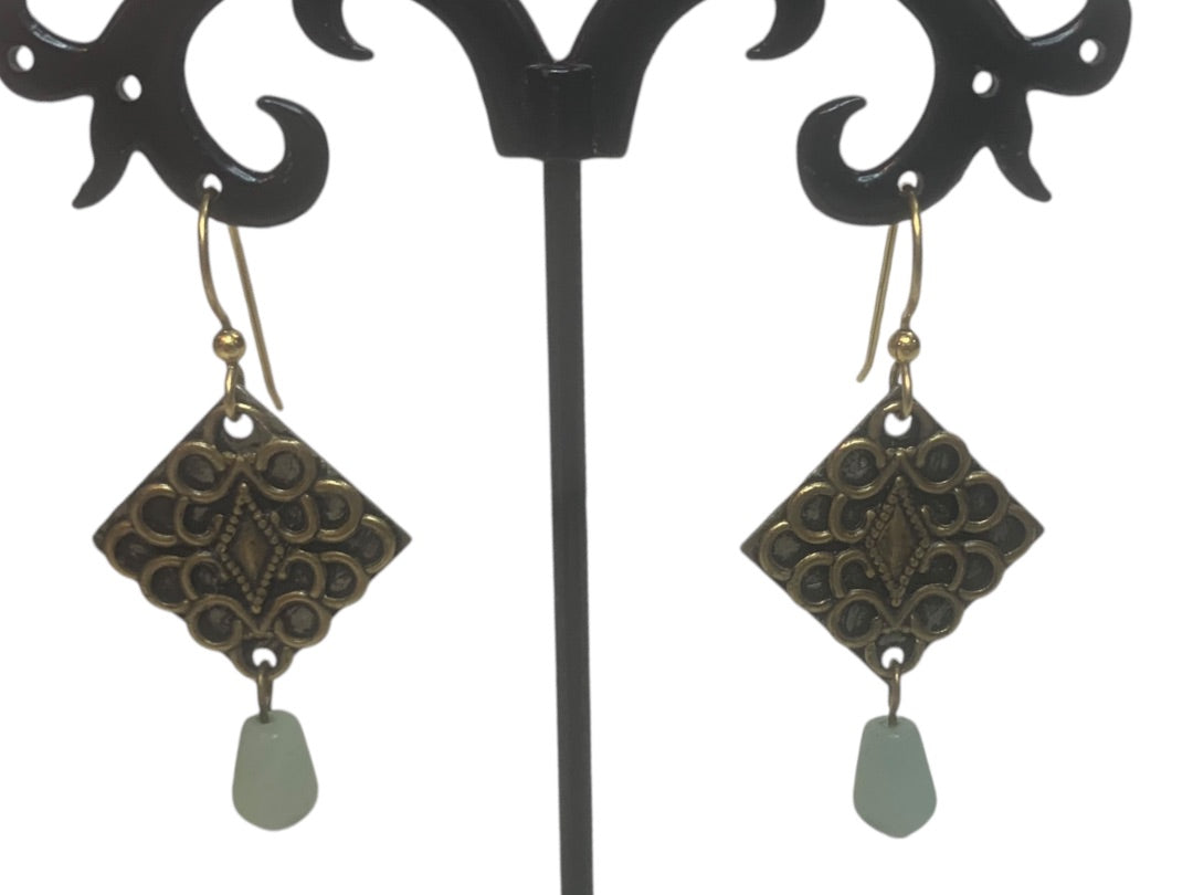 Vintage Antiqued Goldtone Hook Pierced Earrings Green Glass 2.7" Drop Dangle