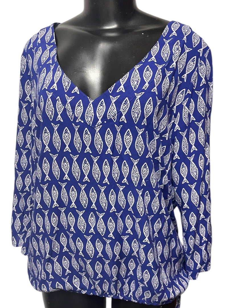 XL West Indies Womens Fish Print Pullover Blouse Shirt Bottom Drawstring
