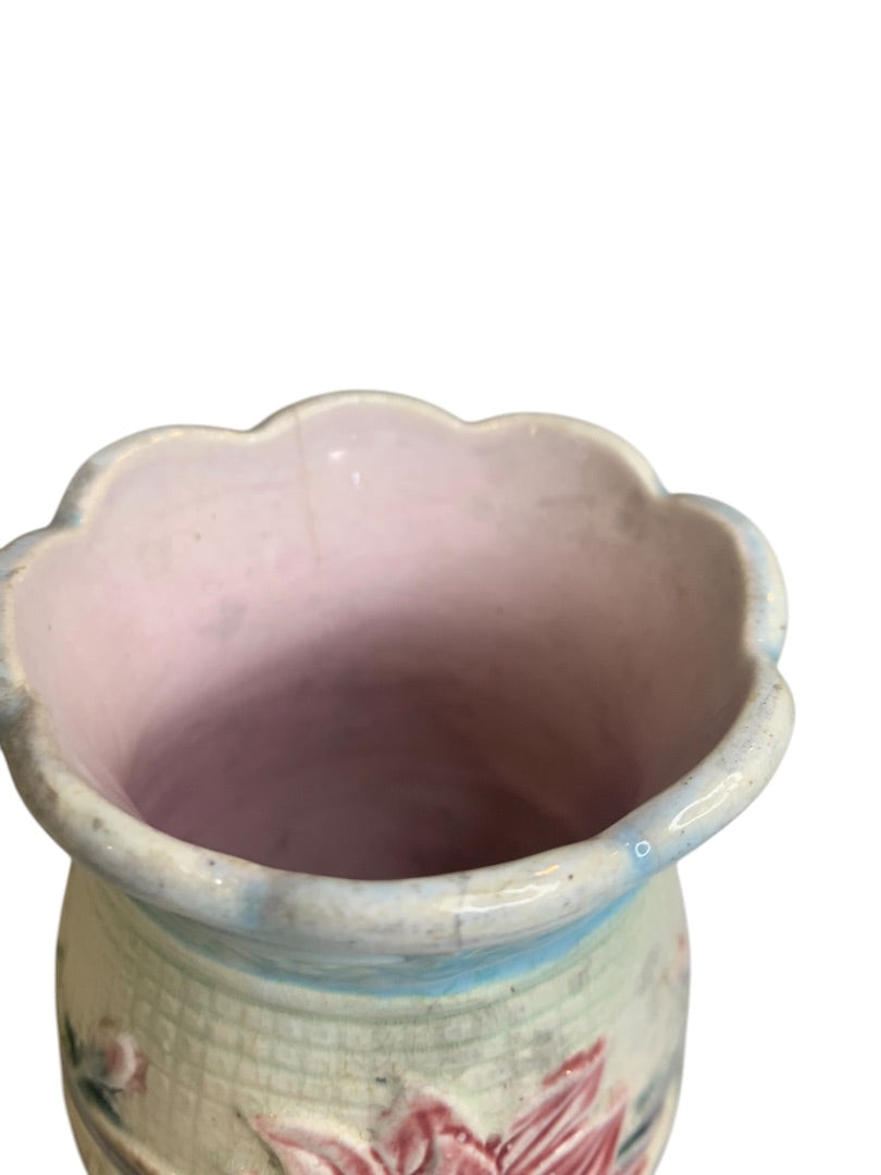 Antique Majolica Floral Vase 5.25 Inch Pink Blue Marked "H"