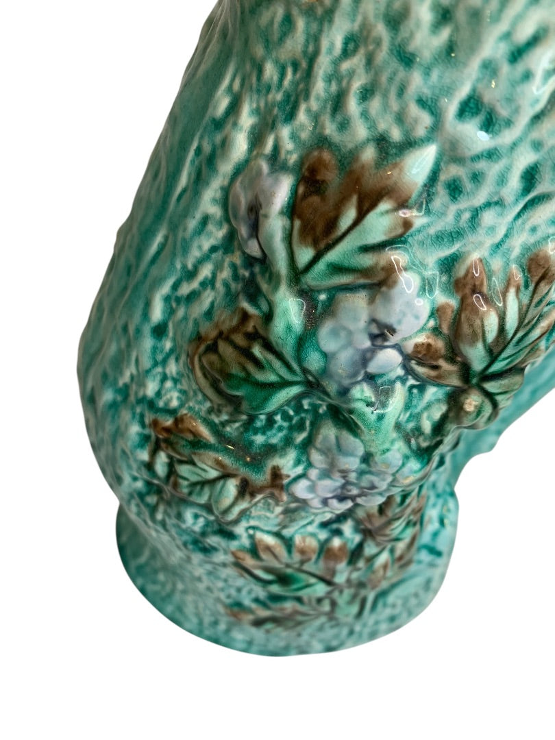 Antique Majolica Turquoise Adirondak Tree Trunk Pitcher Missing Spout