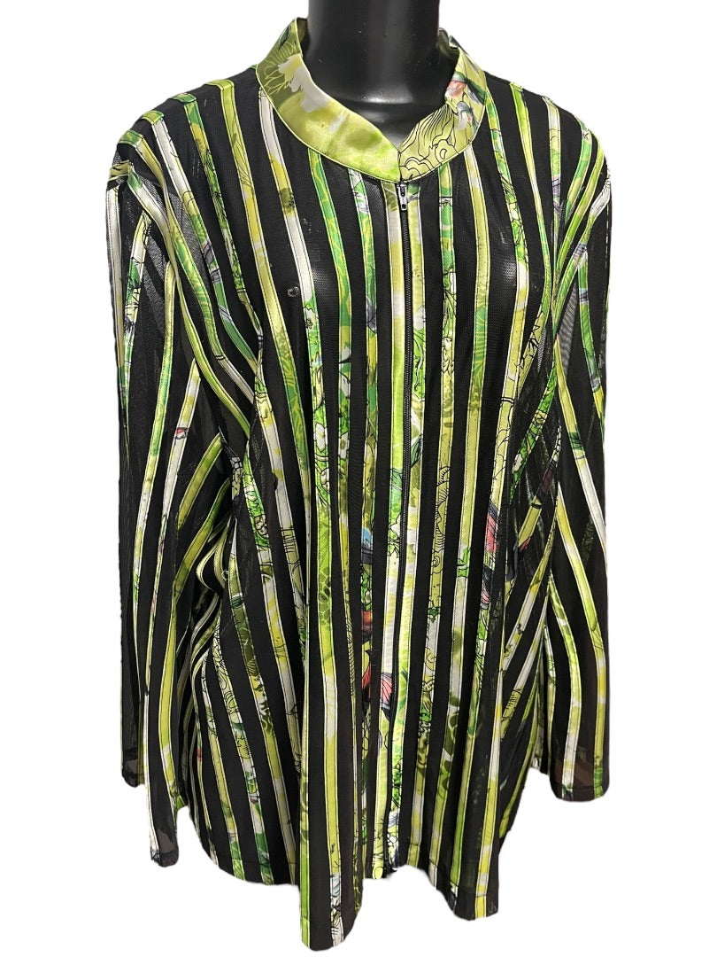 24W JS Collection Woman Striped Floral Sheer Longsleeve Zipper Shirt