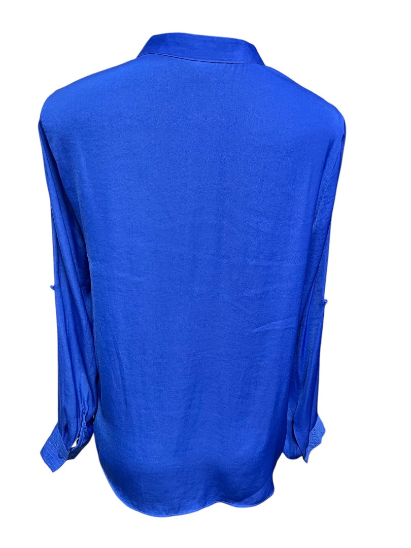 Small Naked Zebra Roll Tab Sleeve Womens Blouse Top Royal Blue