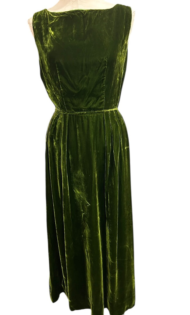 Myra Bushman Dress Green Velvet Sleeveless Gown Vintage 60s Formal USA