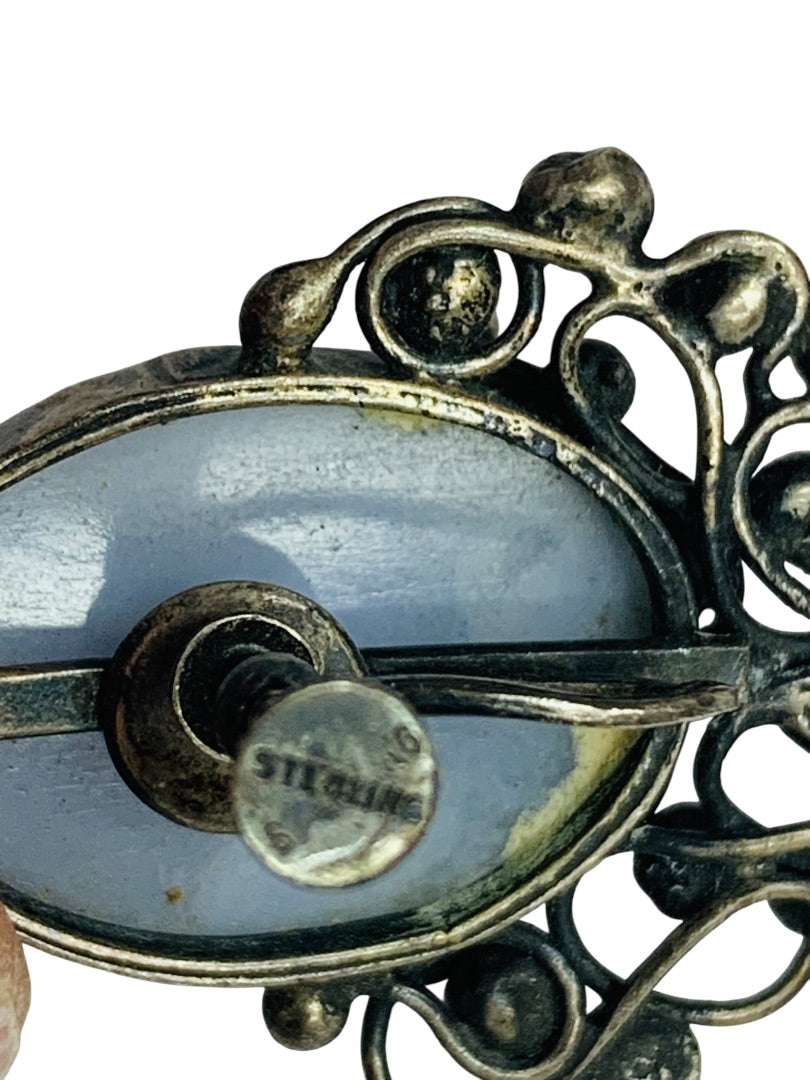 Sterling Silver Vintage Screwback Clip-On Earrings Blue Glass 1.5 Inch