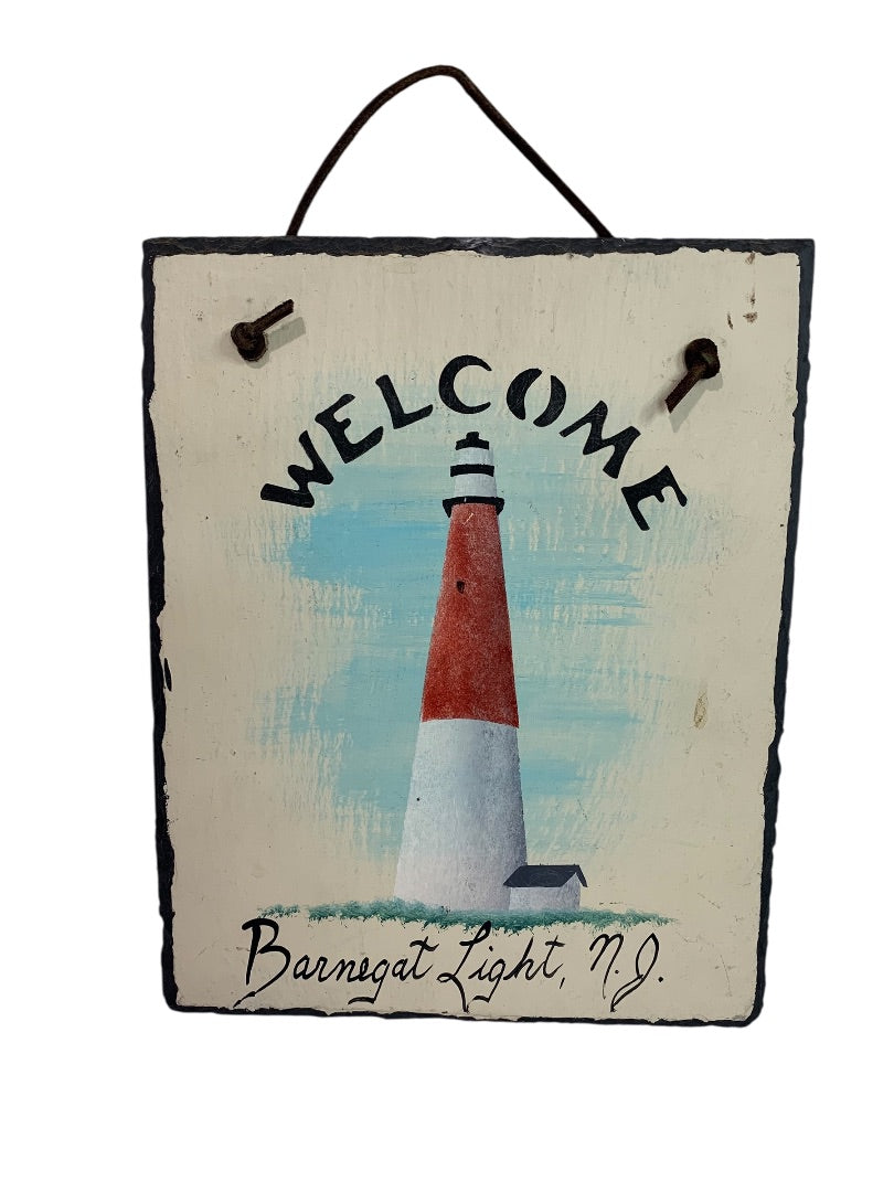 Painted Slate Wall Hanging "Welcome Barnegat Light, NJ" Lighthouse 10" x 8"