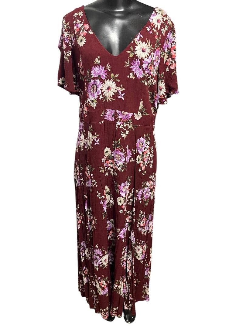 2X Torrid Floral Gauze Maxi Dress V-Neck Tie Back Merlot
