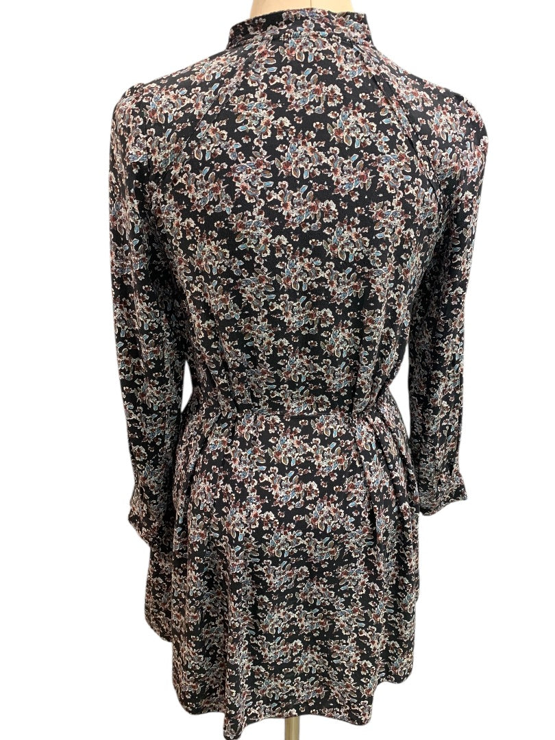 Small Dolce Vita Silk Floral Print Long Sleeve Dress V-Neck Tie Pockets