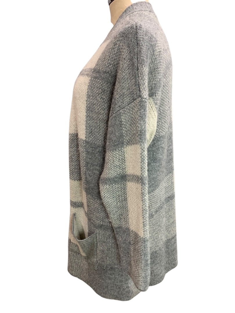 XS American Eagle Womens Open Cardigan Sweater Long Pockets Gray Plaid Wool Blend